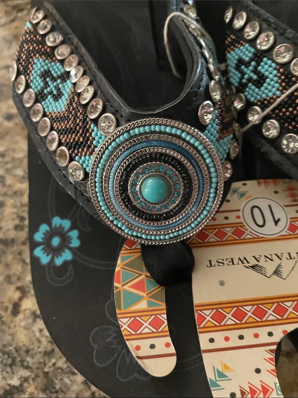Montana West Black & Turquoise Beaded Western Thong Sandals - Picture 2 of 6
